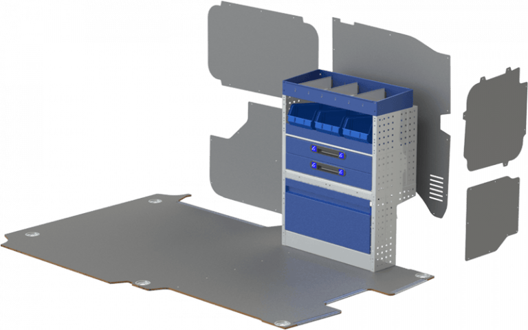 Exemple d'aménagement Vivaro pour le côté droit du fourgon avec une étagère avec une commode à deux tiroirs, une étagère avec 3 bacs amovibles en plastique bleu et une étagère en haut avec bacs et séparateurs en acier
