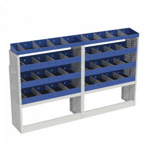 Module avec étagère composé de : 2 couvre passages de roue ouverts, 6 étagères avec séparateurs amovibles et 2 étagères d'extrémité avec séparateurs