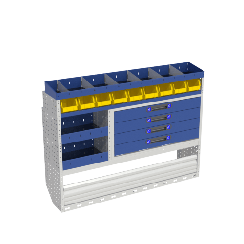 Module COMFORT avec couvre passage de roue à porte fermant, avec étagères ouvertes et à tiroirs bleus, étagères avec bacs bleus amovibles et étagères d'extrémité.