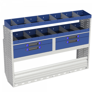 Module Comfort qui comprend : un couvre passage de roue avec porte de fermeture deux étagères avec tiroirs et bacs porte-conteneurs amovibles