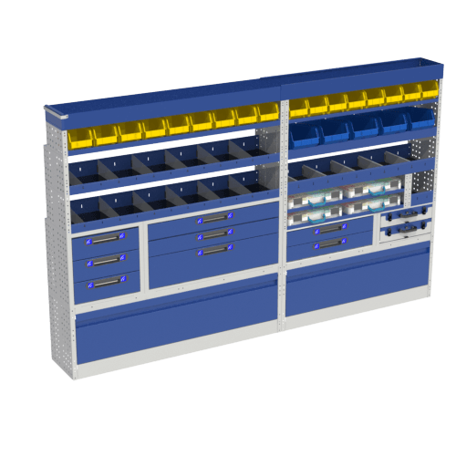 Module LUXURY qui comprend : couvre passage de roue avec porte en aluminium, 6 porte-pièces amovibles, une commode à 3 tiroirs, des étagères avec séparateurs, 2 étagères avec bacs amovibles de différentes tailles (jaune et bleu).