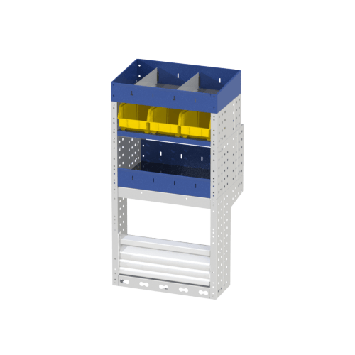 Module BASE avec couvre passage de roue avec porte 2 étagères avec séparateurs et étagère avec bacs amovibles.