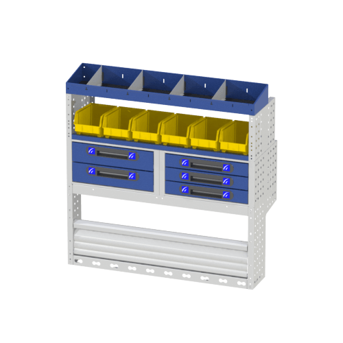Module COMFORT avec une étagère avec porte pour recouvrir le passage de roue, 5 tiroirs, plateaux jaunes et borne