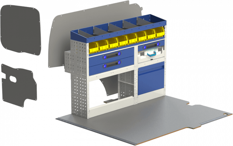 Exemple d'aménagement Kangoo avec étagère : 1 tiroir à tiroirs, maillets coulissants et en haut des étagères avec bacs coulissants et séparateurs.