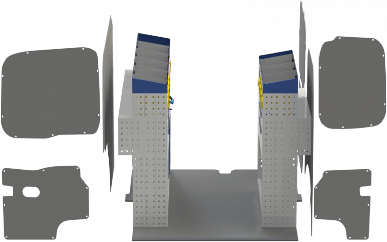 Exemple d'aménagement Kangoo avec deux étagères, une de part et d'autre du fourgon. Ci-dessous nous trouvons un plancher.