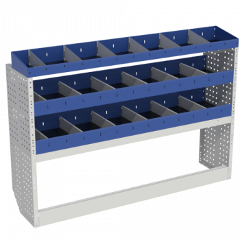 Aménagement BASE avec : couvre passage de roue ouverts et étagères bleues avec séparateurs et étagères d'extrémité avec séparateurs