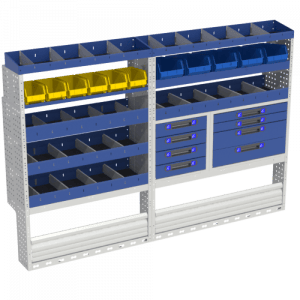 Module COMFORT avec couvre passage de roue avec porte, plusieurs tiroirs de différentes tailles, 4 étagères ouvertes, 2 étagères avec plateaux jaunes et bleus et extrémités avec séparateurs.