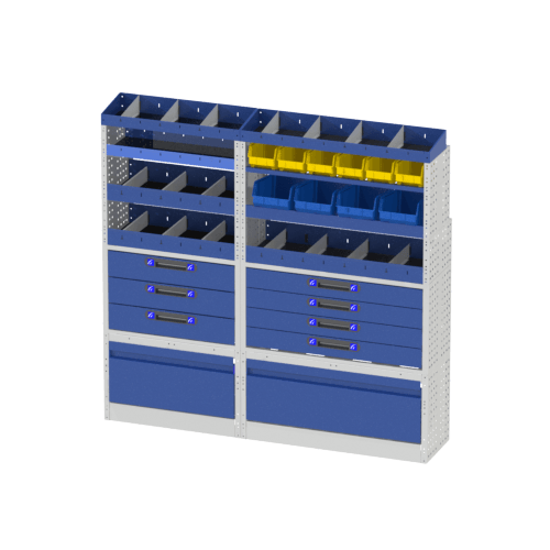 Le module LUXURY, pour un aménagement du NV400 L3H2 comprend les éléments suivants : 2 couvre passage de roue avec porte basculante, 7 tiroirs, étagère avec plateaux jaune et bleu, 4 étagères avec séparateurs et une paire de terminaux.