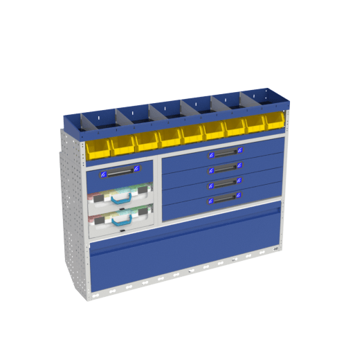 Module LUXE avec porte pliante couvre passage de roue, caissons à tiroirs, étagères avec étuis plastiques transparents, étagères avec bacs amovibles bleus et étagères d'extrémité avec séparateurs.