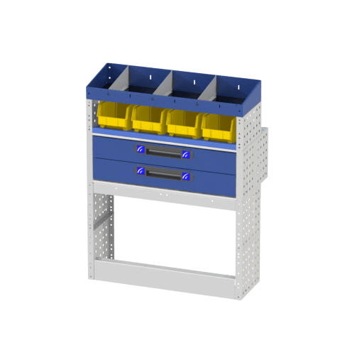 Module COMFORT côté droit avec passage de roue ouvert, deux blocs tiroirs et deux étagères avec séparateurs